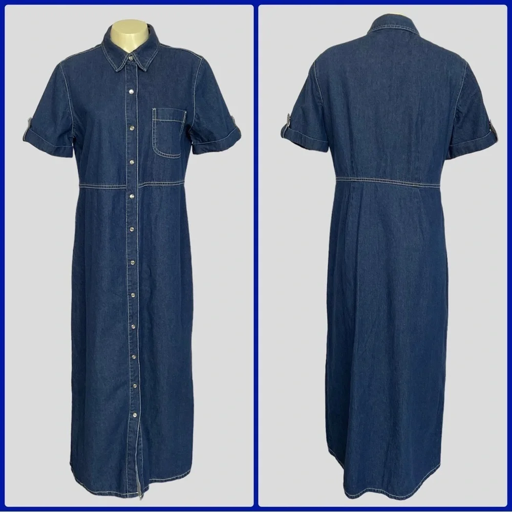 Vintage White Stag 90s Full Length Denim Dress Pearl Snaps Collared Med 8/10 - Picture 1 of 6